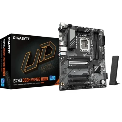 Материнська плата LGA1700, Gigabyte B760 DS3H WIFI6E GEN5, B760, 4xDDR5, Int.Video(CPU), 4xSATA3, 2xM.2, 1xPCI-E 5.0 x16, 4xPCI-E 3.0 x16, Realtek 7.1, Realtek GbE, WiFi 6E, Bluetooth 5.3, 5xUSB 3.2 / 8xUSB 2.0, HDMI/DP, ATX