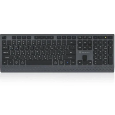 Клавіатура бездротова REAL-EL RK-715W, Black/Grey, EN/UA, Bluetooth/2.4GHz/USB, мембранні клавіші (109 шт), радіус дії до 10 м, кабель 1.5 м (EL123100051)