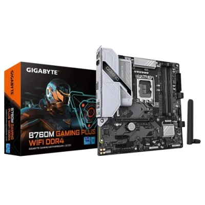 Материнська плата LGA1700, Gigabyte B760M GAMING PLUS WIFI DDR4, B760, 4xDDR4, Int.Video(CPU), 4xSATA3, 2xM.2, 1xPCI-E 4.0 x16, 2xPCI-E 3.0 x1, Realtek 7.1, Realtek GbE, WiFi 6, Bluetooth 5.3, 6xUSB 3.2 / 6xUSB 2.0, HDMI/DP, MicroATX