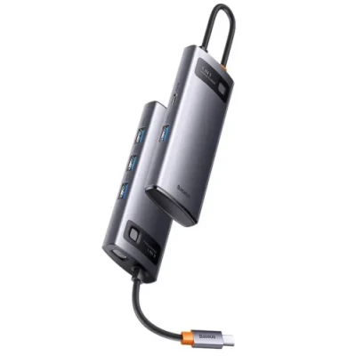 Хаб USB Baseus Metal Gleam, Grey, Type-C 3.0 - 1xType-C (15 Вт) / 4xUSB 3.0, кабель 15 см, алюмінієвий корпус (WKWG070013)