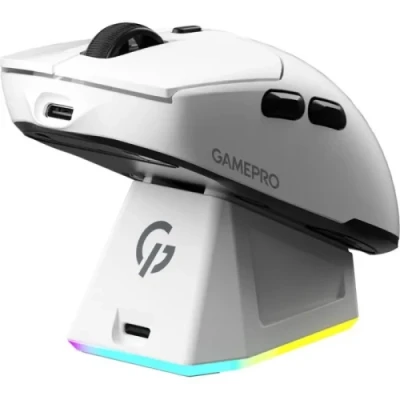Миша бездротова GamePro "Genesis Airmaster", White, док-станція, Bluetooth / 2.4GHz USB / Type-C, оптична (сенсор PixArt PMW 3311), 400 - 12 000 dpi, 35G, 300 IPS, 6 кнопок, перемикачі Huano 80M, акумулятор 300 mAh (GM167W)