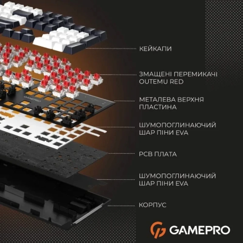 Клавіатура GamePro Genesis Metallic, Black/Grey, USB, механічна (перемикачі Outemu RED), біле LED підсвічування, 104 кнопки (100%), 1.75 м, UA/EN (MK144B)