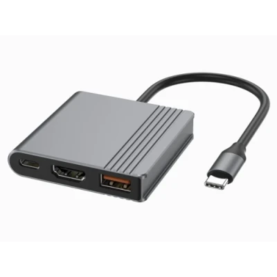 Хаб USB Gembird A-CM-COMBO3-05, Grey, Type-C 3.2 - 1xType-C 3.2 (90 Вт) / USB 3.2 / HDMI 4K 60Гц, кабель 18 см, алюмінієвий корпус