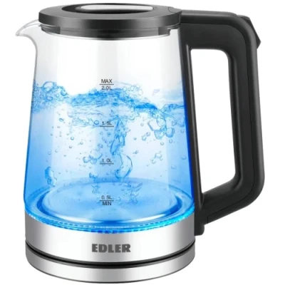 Електрочайник Edler EK5025 BPG, Black/Transparent, 1500W, 2л, скло+пластик, дисковий, індикатор рівня води, підсвічування, захист від перегріву, захист від кипіння без води