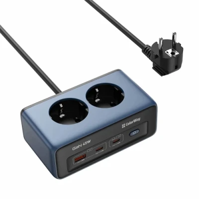 Фільтр мережевий ColorWay, 2 розетки, 2 м, Dark Blue, GaN, 2xType-C (45 Вт + 12 Вт) / USB (30 Вт), 10А, дріт з міді (до 2500 Вт), вимикач (CW-CHE25PDB)
