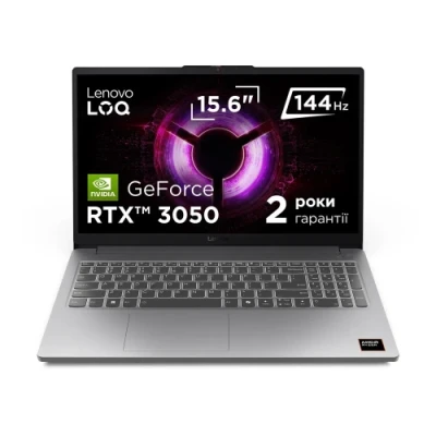 Ноутбук 15" Lenovo LOQ 15ARP10E (83S000ERRA) Luna Grey, 15.6" (1920x1080, IPS, 144 Гц), AMD Ryzen 5 150 (6х3.3-4.55GHz), 16GB DDR5, SSD 512GB, GeForce RTX 3050 6GB, LAN, Wi-Fi 6, BT 5.2, USB-C/2хUSB 3.2, HDMI, 57.5Wh, DOS