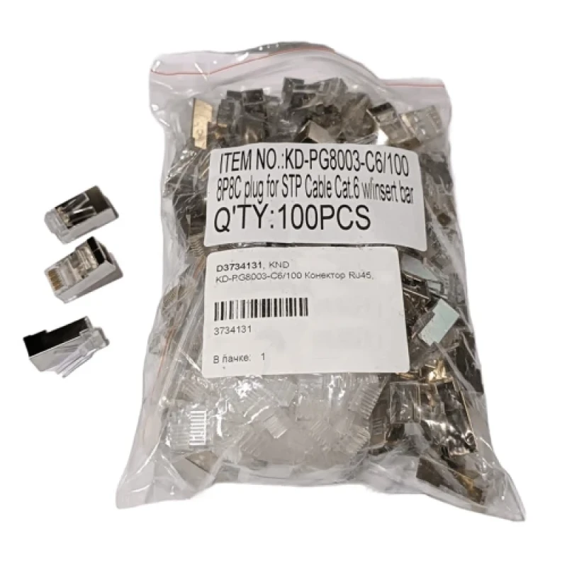 Конектор RJ45, STP, 100 шт, Clear, Cat.6, Kingda (KD-PG8003-C6/100)