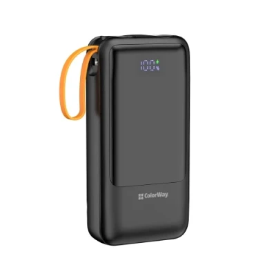 Універсальна мобільна батарея 20000 mAh, ColorWay "PowerHub", Black, 22.5 Вт, 1xType-C (PD3.0) / 1xUSB (QC4.0), вбуд. кабель Type-C / USB / Lightning / microUSB, цифровий LED дисплей, LED ліхтарик (CW-PB200LP07BK)
