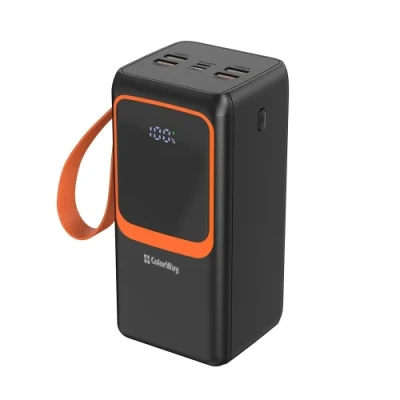 Універсальна мобільна батарея 50000 mAh, ColorWay "PowerView", Black, 22.5 Вт, 1xType-C (PD3.0) / 4xUSB (QC4.0), вбуд. кабель Type-C / Lightning, цифровий LED дисплей, LED ліхтарик (CW-PB500LP02BK)