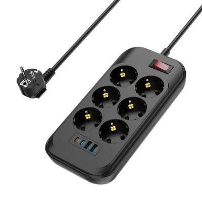 Фільтр мережевий ColorWay, 6 розеток, 2 м, Black, 2xType-C (20 Вт / 12 Вт, PD3.0), 2xUSB (12 Вт), дріт з міді (до 2500 Вт), 10A (CW-CHE64PDB)