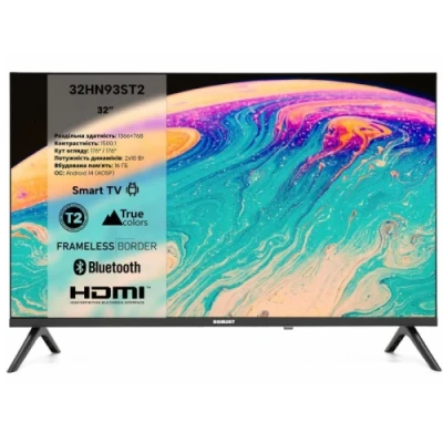 Телевізор 32" Romsat 32HN93ST2, Black, LED, 1366х768, 60 Гц, 1500:1, Smart TV (Android 14), DVB-T2/C/S2, Wi-Fi, Bluetooth, RJ45, 2xHDMI, 2xUSB, 2 x 10 Вт, VESA 100x100 Телевізор 32" Romsat 32HN93ST2, Black, LED, 1366х768, 60 Гц, 1500:1, Smart TV (Android 14), DVB-T2/C/S2, Wi-Fi, Bluetooth, RJ45, 2xHDMI, 2xUSB, 2 x 10 Вт, VESA 100x100