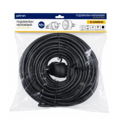Подовжувач мережевий Patron, 1 розетка, 40 м, Black, 12А, 3x1.5 мм² (PEC-1240)