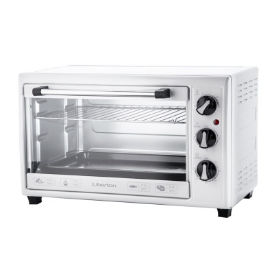Електродуховка Liberton LEO-350 White, 1800W, 35 л, металевий корпус, поворотні перемикачі, індикатор роботи, таймер, 3 режими нагрівання, термостат 250 град, комплектація решітка, деко, тримач для деко