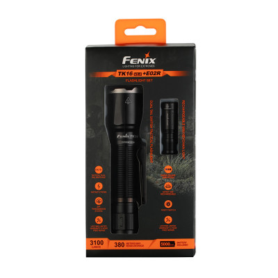 Ліхтар ручний Fenix TK16 V2.0 + ліхтар ручний Fenix E02R, 30-3100 лм, до 380 м, USB Type-C, 6 режимів роботи + 3 режими роботи, акумулятор 5000 мАг