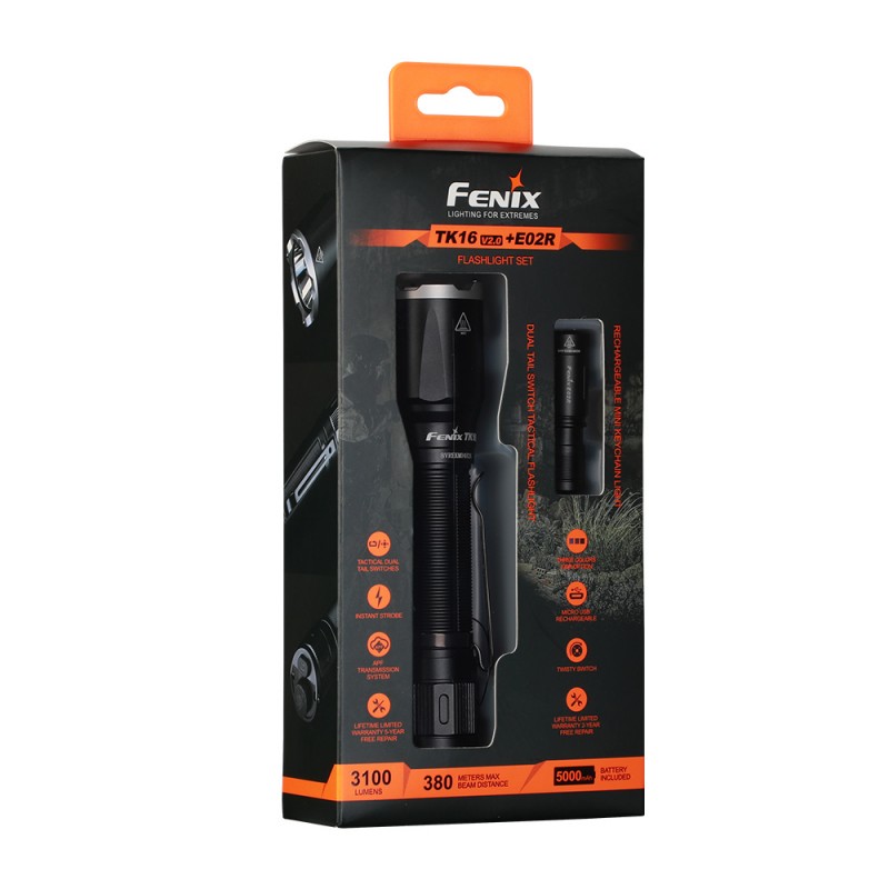 Ліхтар ручний Fenix TK16 V2.0 + ліхтар ручний Fenix E02R, 30-3100 лм, до 380 м, USB Type-C, 6 режимів роботи + 3 режими роботи, акумулятор 5000 мАг