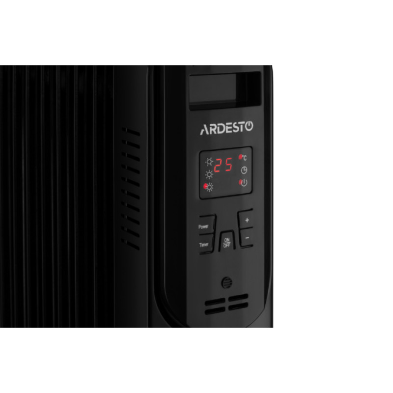 Обігрівач масляний Ardesto OFH-E11X2, Black, 2500W, підлоговий, 11 секцій, рекомендована площа обігріву 25 м², електронне управління, захист від перегріву, датчик перекидання, пульт дистанційного керування, LED-дисплей