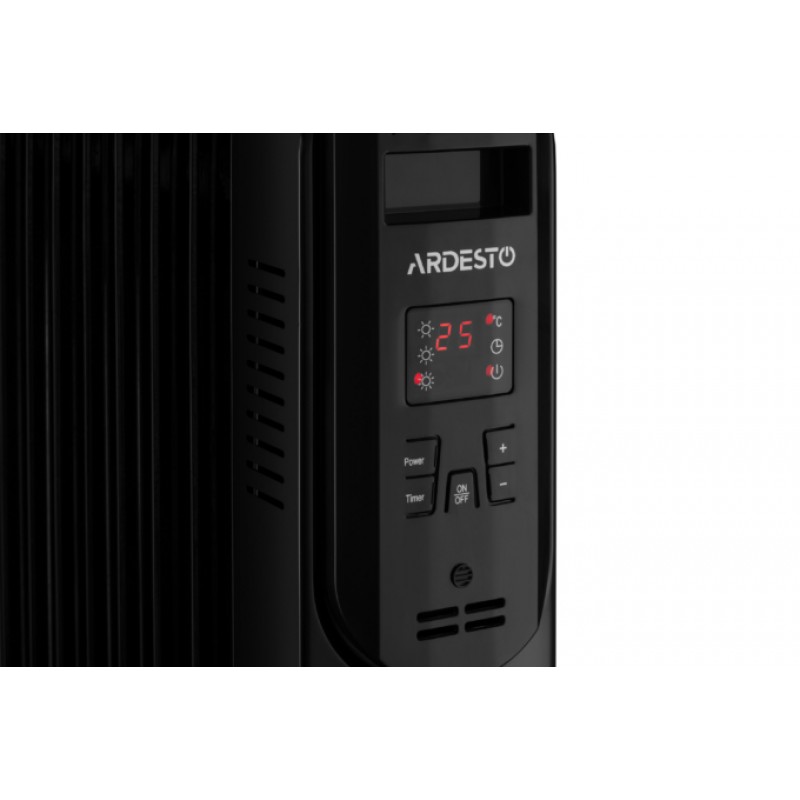 Обігрівач масляний Ardesto OFH-E09X2, Black, 2000W, підлоговий, 9 секцій, рекомендована площа обігріву 20 м², електронне управління, захист від перегріву, датчик перекидання, пульт дистанційного керування, LED-дисплей