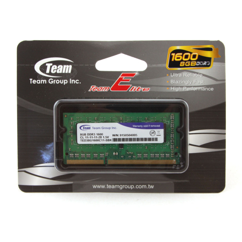 Пам'ять SO-DIMM, DDR3, 8Gb, 1600 MHz, Team Elite, 1.5V (TED38G1600C11-S01)