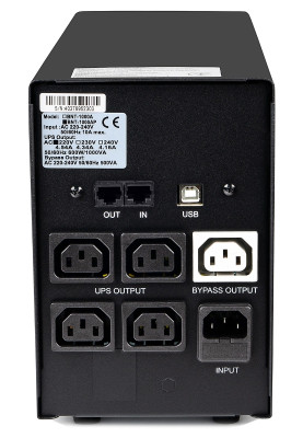 Джерело безперебійного живлення PowerCom BNT-1500AP Black, 1500 ВА, 900 Вт, лінійно-інтерактивний, AVR, 5 розеток (IEC), батарея 12В/7Ач x 2 шт, захист RJ45