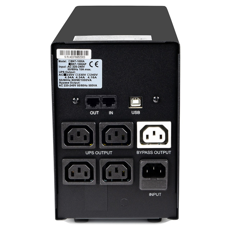 Джерело безперебійного живлення PowerCom BNT-1500AP Black, 1500 ВА, 900 Вт, лінійно-інтерактивний, AVR, 5 розеток (IEC), батарея 12В/7Ач x 2 шт, захист RJ45