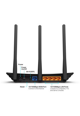 Роутер TP-LINK TL-WR940N, V3 Wi-Fi 802.11b/g/n, до 450 Mb/s, 2.4GHz, 4 LAN 10/100 Mb/s, RJ45 10/100Mb/s (FE), 3 зовнішні незнімні антени