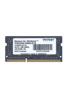 Пам'ять SO-DIMM, DDR3, 4Gb, 1600 MHz, Patriot, 1.35V (PSD34G1600L81S)