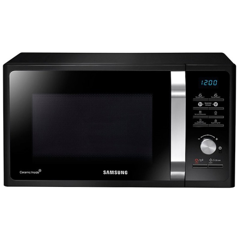 Мікрохвильова піч Samsung MS23F302TAK/UA, Black, 800W, звичайна (соло), управління кнопкове з поворотним перемикачем, 23L, біокерамічна емаль, рівнів потужності 6, автоматичне приготування, захист від дітей, розморожування по вазі