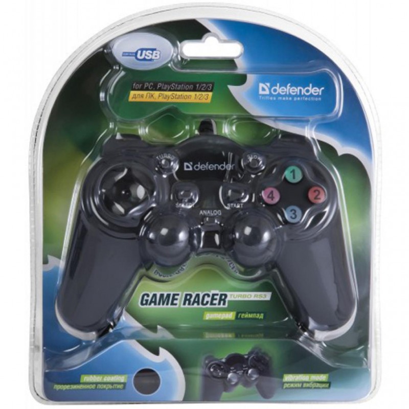 Геймпад Defender Defender Game Racer Turbo RS3, Black, USB, вібрація, для PC/PS2/PS3, 2 аналогових стику, 10 кнопок, Soft Touch покриття