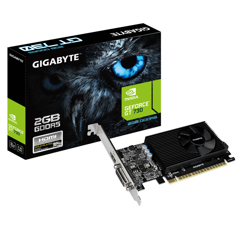 Відеокарта GeForce GT730, Gigabyte, 2Gb GDDR5, 64-bit, DVI/HDMI, 902/5000 MHz, Low Profile (GV-N730D5-2GL)
