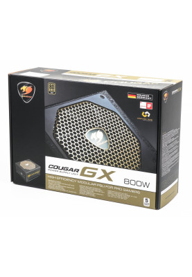 Блок живлення 800W, Cougar GX 800, Black, 140 мм, PFC, 80 Plus Gold, Modular, 20+4 pin, 2x4+4 pin, 4x6+2 pin, 4xMolex, 10xSATA, OVP/OPP/SCP/UVP/OCP