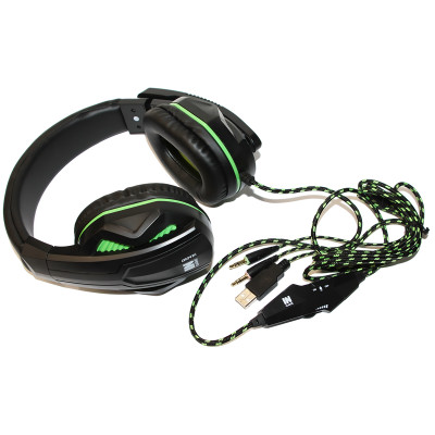 Навушники Gemix N2 LED Gaming Black/Green, 2 x Mini jack (3.5 мм) + USB, накладні, кабель 1.2 м