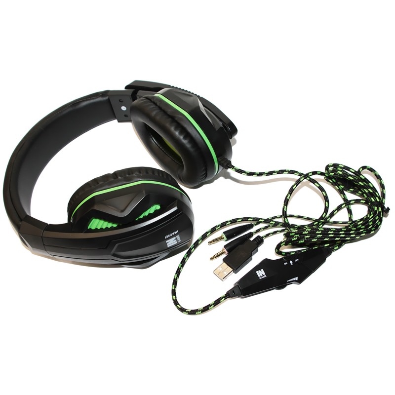 Навушники Gemix N2 LED Gaming Black/Green, 2 x Mini jack (3.5 мм) + USB, накладні, кабель 1.2 м