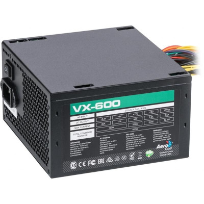 Блок живлення Aerocool 600W VX600 PLUS, 120 mm, 20+4pin, 1x4+4pin, SATA x 4, Molex 3x4pin, 2x6+2pin, кабелі немодульні