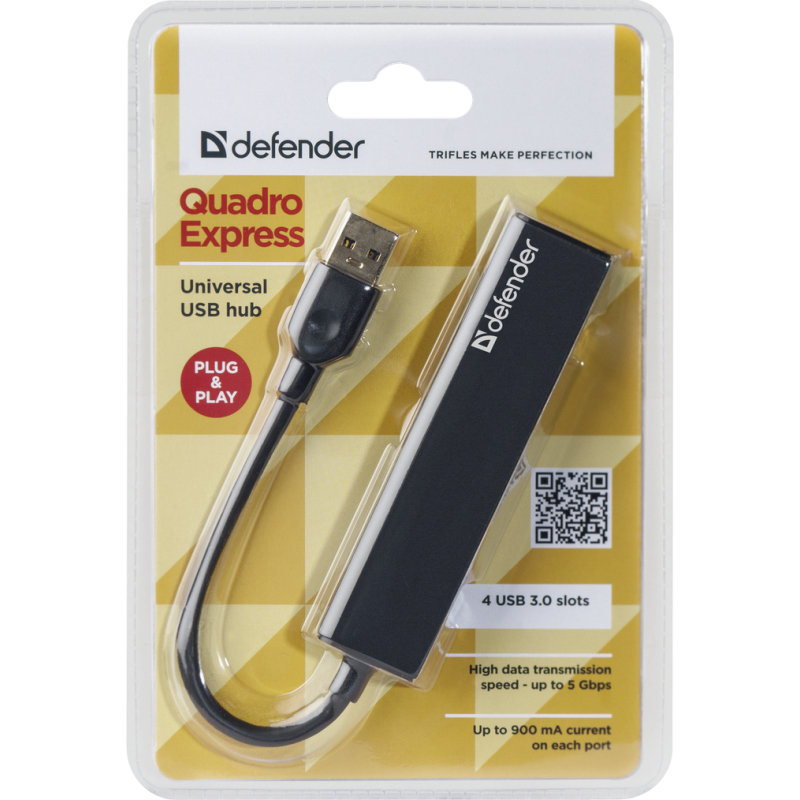 Концентратор USB 3.0 Defender Quadro Express, 4 порти, чорний