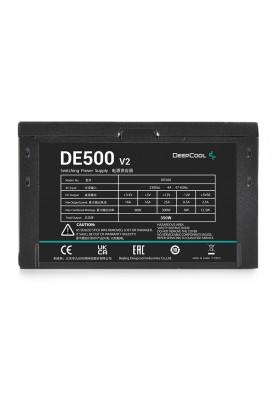 Блок живлення 500 Вт, Deepcool DE500 v2, Black, 12 см, 3xMolex/4xSATA/6+2-pin/4+4-pin/20+4-pin, захист: OVP/SCP/UVP/OPP, ATX12V V2.4 (DP-DE500US-PH)