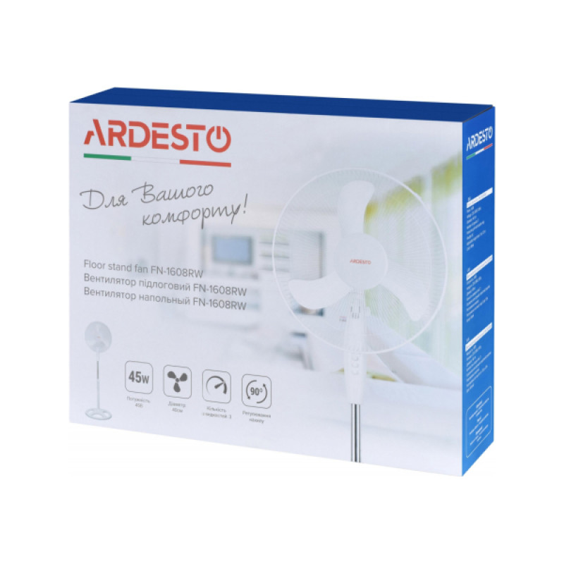 Вентилятор підлоговий Ardesto FN-1608RW White, 45W, 3 швидкості, діаметр 40 см