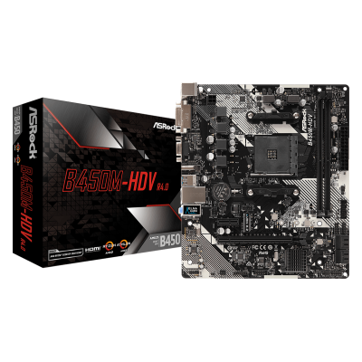 Мат.плата AM4 (B450) AsRock B450M-HDV R4.0, B450, 2xDDR4, Int.Video(CPU), 4xSATA3, 1xM.2, 1xPCI-E 16x 3.0, 1xPCI-E 1x 2.0, ALC887, RTL8111H, 6xUSB3.1/4xUSB2.0, VGA/DVI-D/HDMI, mATX