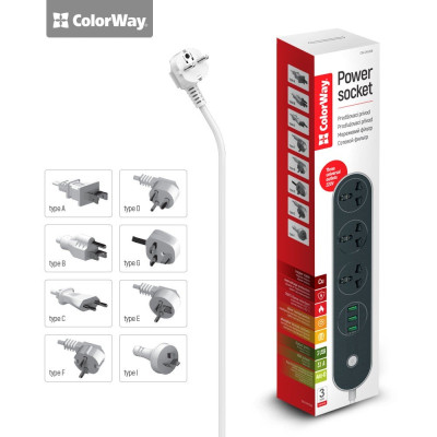 Фільтр мережевий 1.8 м ColorWay, Black, 3 x євророзетки, 3 x USB до 3.1 A (Super Charge), дріт з міді (до 2500 Вт), 10A, захисні шторки, 282 x 58 x 29 мм (CW-CHU33B)