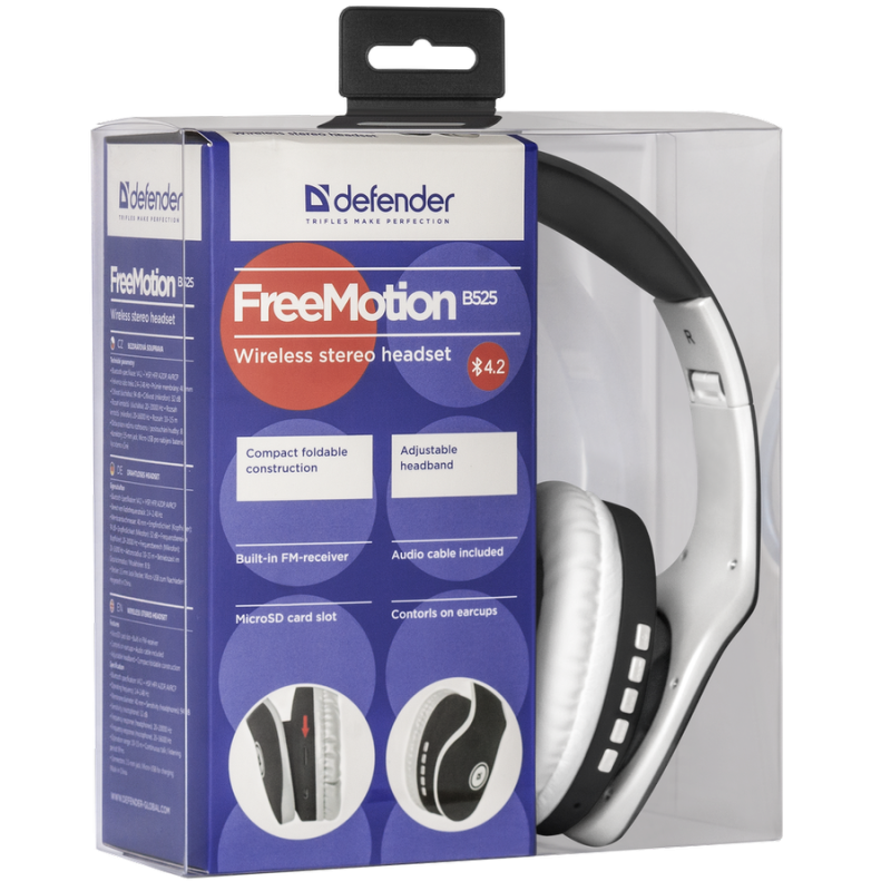 Навушники бездротові Defender FreeMotion B525, Black/White, Bluetooth, мікрофон, FM-приймач, microSD, до 8 годин (63525)