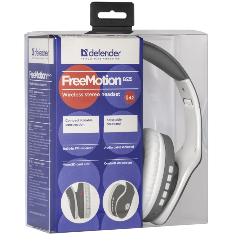Навушники бездротові Defender FreeMotion B525, Gray/White, Bluetooth, мікрофон, FM-приймач, microSD, до 8 годин (63527)