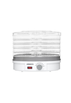 Сушарка овочів та фруктів Ardesto FDB-5320 White, 245W, керування механічне, 5 лотків, висота сушильного піддону 3см, діаметр 32см, прозора кришка, прозорі піддони