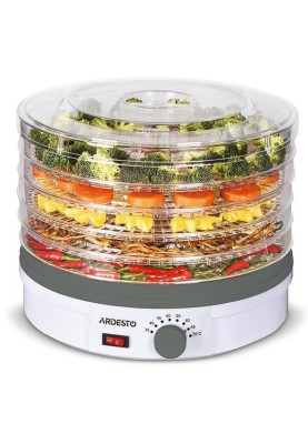 Сушарка овочів та фруктів Ardesto FDB-5320 White, 245W, керування механічне, 5 лотків, висота сушильного піддону 3см, діаметр 32см, прозора кришка, прозорі піддони