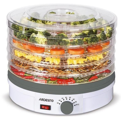 Сушарка овочів та фруктів Ardesto FDB-5320 White, 245W, керування механічне, 5 лотків, висота сушильного піддону 3см, діаметр 32см, прозора кришка, прозорі піддоні
