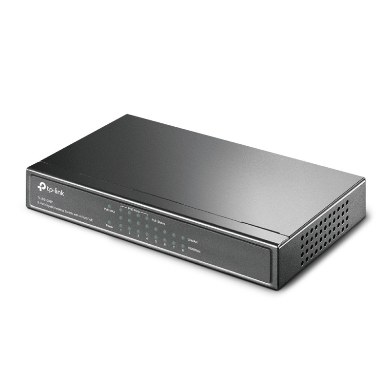 Комутатор TP-LINK TL-SG1008P, 8x100/1000 Mb/s, PoE 65.2W, металевий корпус, некерований