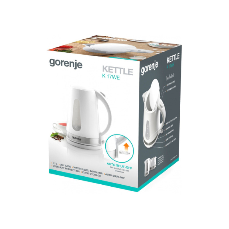 Електрочайник Gorenje K17WE White, 1850W, 1.7 л, індикатор рівня води, пластик-метал