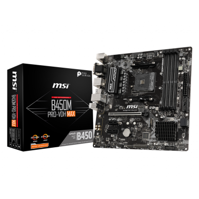 Мат.плата AM4 (B450) MSI B450M PRO-VDH MAX, B450, 4xDDR4, Int.Video(CPU), 4xSATA3, 1xM.2, 1xPCI-E 16x 3.0, 2xPCI-E 1x 2.0, ALC892, RTL8111H, 6xUSB3.1/8xUSB2.0, VGA/DVI-D/HDMI, mATX