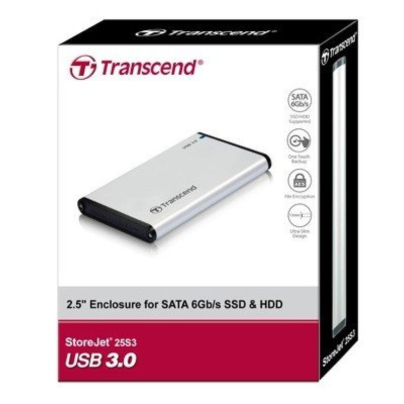 Кишеня зовнішня 2.5" Transcend StoreJet 25S3, Silver, для SSD/HDD, SATA3, USB 3.1, алюмінієвий корпус, 129 x 79.9 x 13 мм (TS0GSJ25S3)