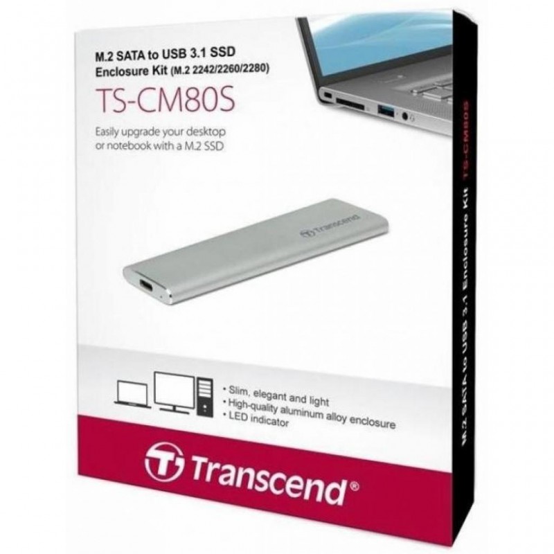 Кишеня зовнішня M.2 Transcend SSD Enclosure Kit, Silver, SATA3, 120.16x33.6x7.5 мм, 41 г (TS-CM80S)