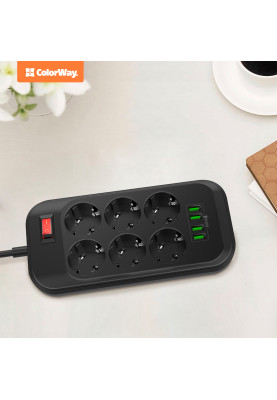 Фільтр мережевий 2 м ColorWay, Black, 6 x євророзетки, 4 x USB до 3.4 A (Super Charge), дріт з міді (до 2500 Вт), 10A, захисні шторки, 312 x 190 x 50 мм (CW-CHE64B)