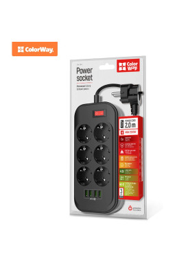 Фільтр мережевий 2 м ColorWay, Black, 6 x євророзетки, 4 x USB до 3.4 A (Super Charge), дріт з міді (до 2500 Вт), 10A, захисні шторки, 312 x 190 x 50 мм (CW-CHE64B)